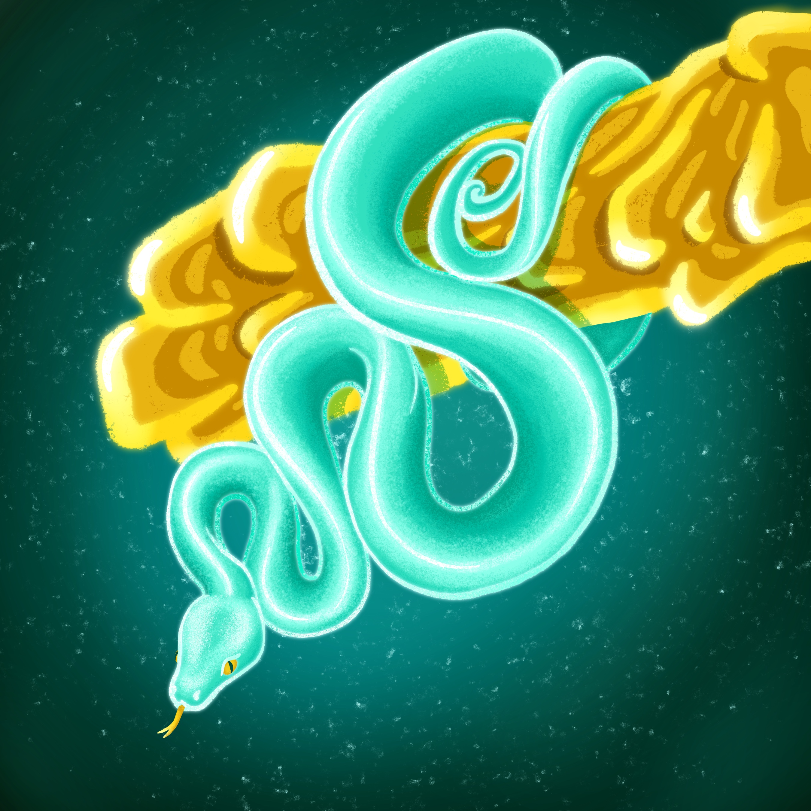 Digital gezeichnete Schlange. Hellblau und leuchtend ist sie um einen goldenen Ast geschlungen