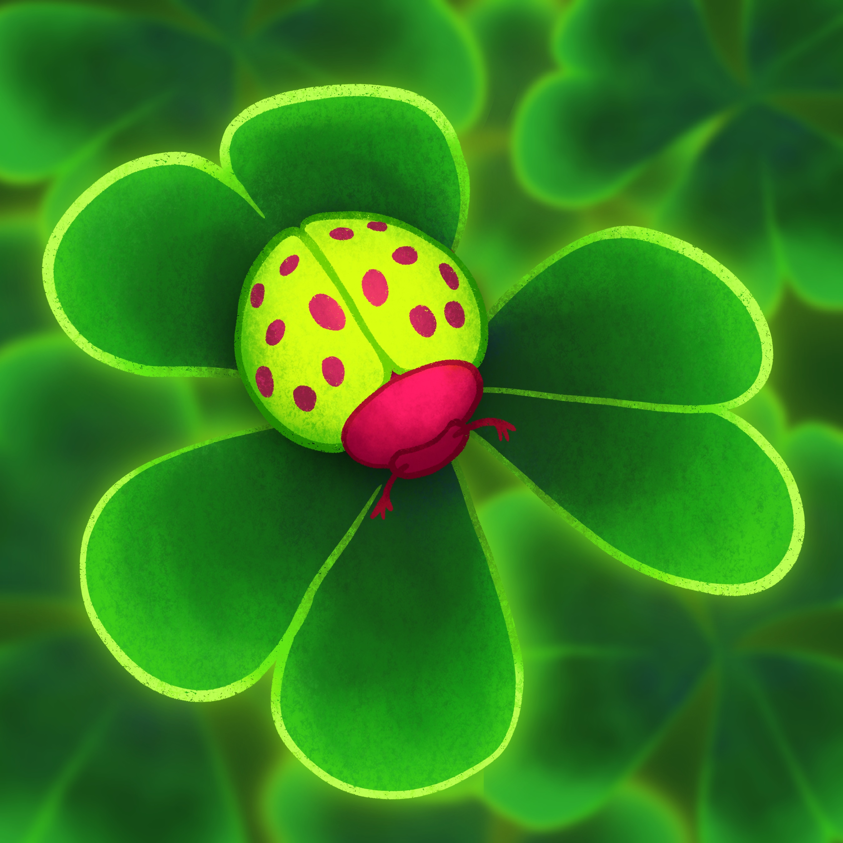 Digital gezeichneter, grüner Marienkäfer mit roten Punkten. Er sitzt auf einem dunkelgrünen Kleeblatt