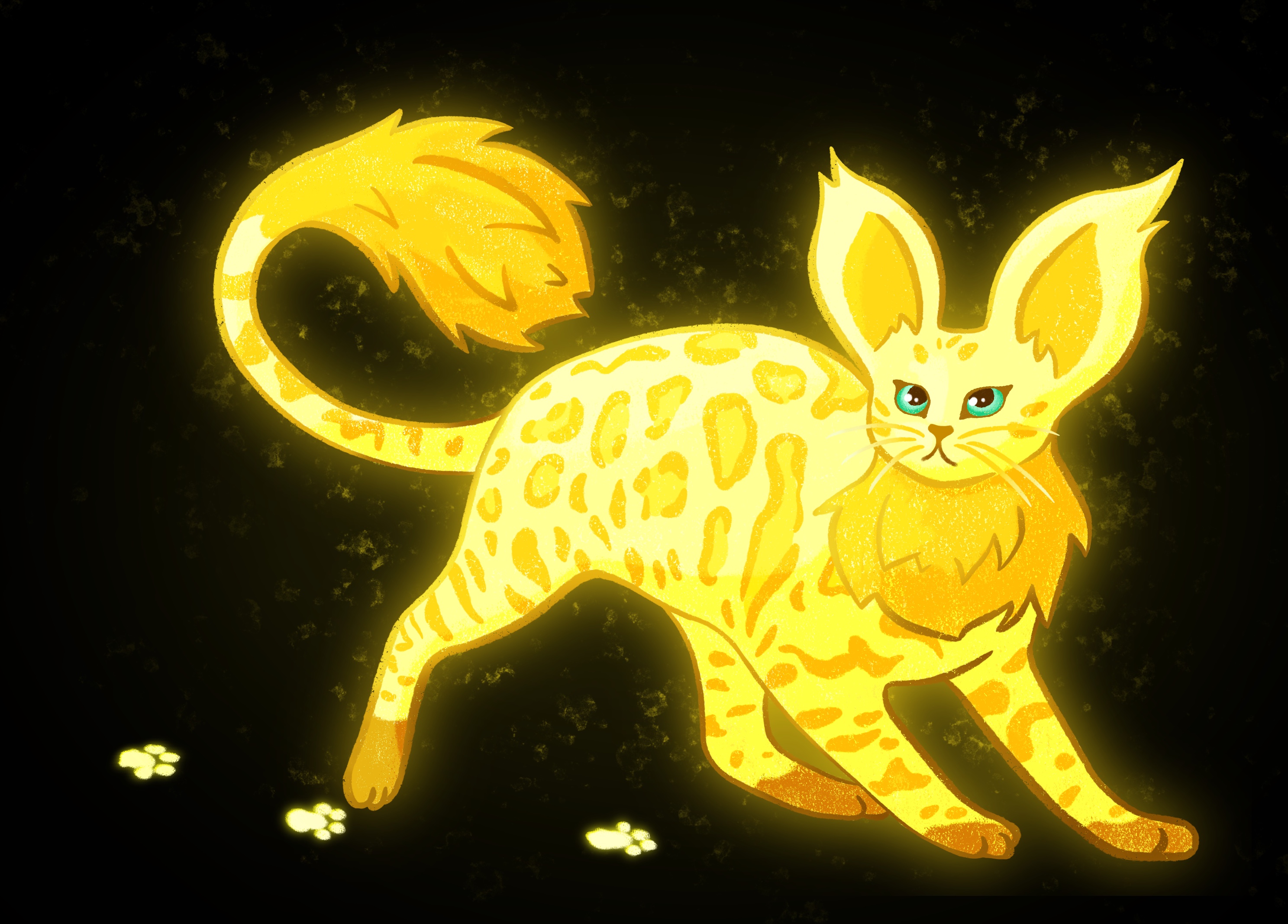 Digital gezeichnetes, golden leuchtendes Katzenwesen mit Flecken