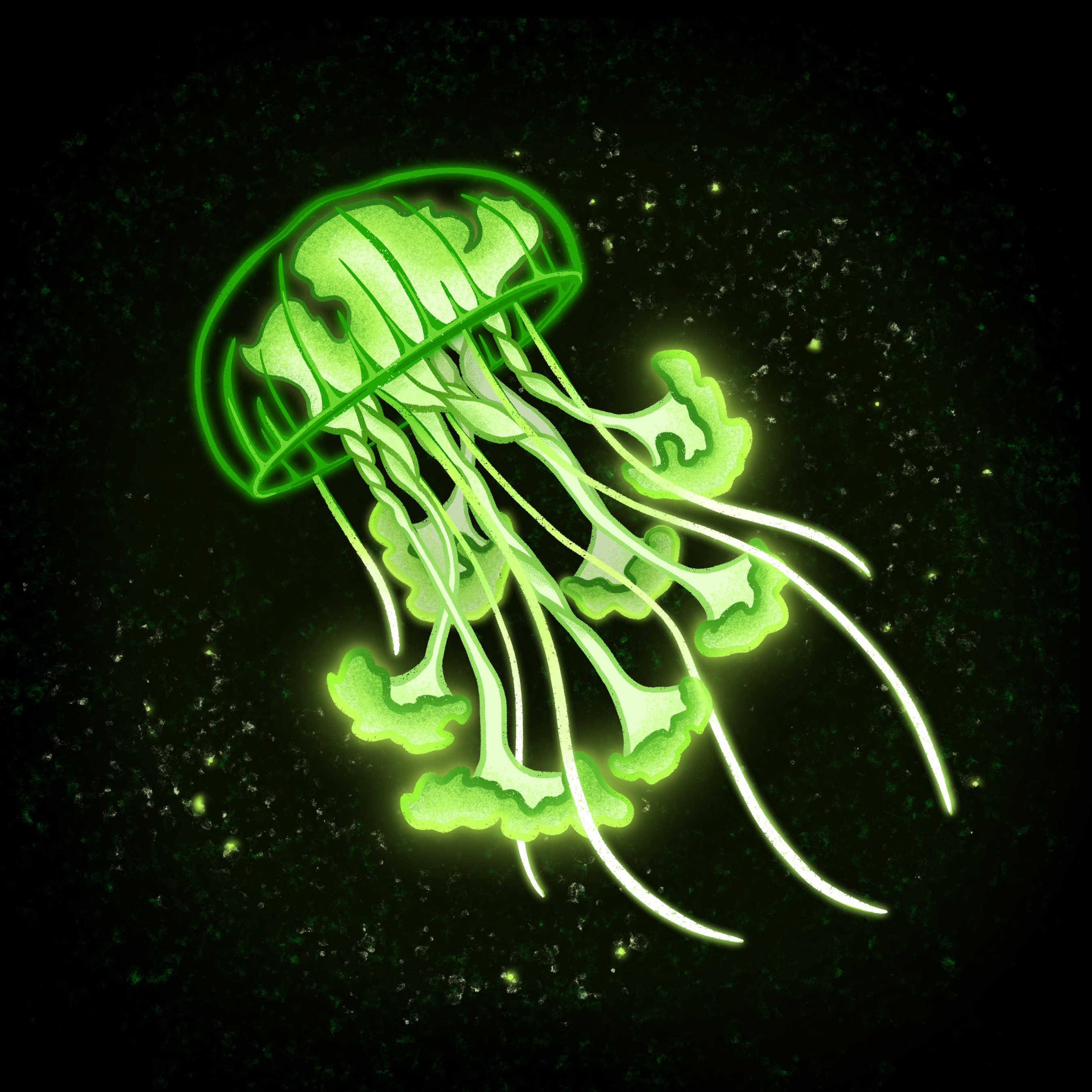Digital gezeichnete, leuchtend grüne Qualle mit schwarzem Hintergrund