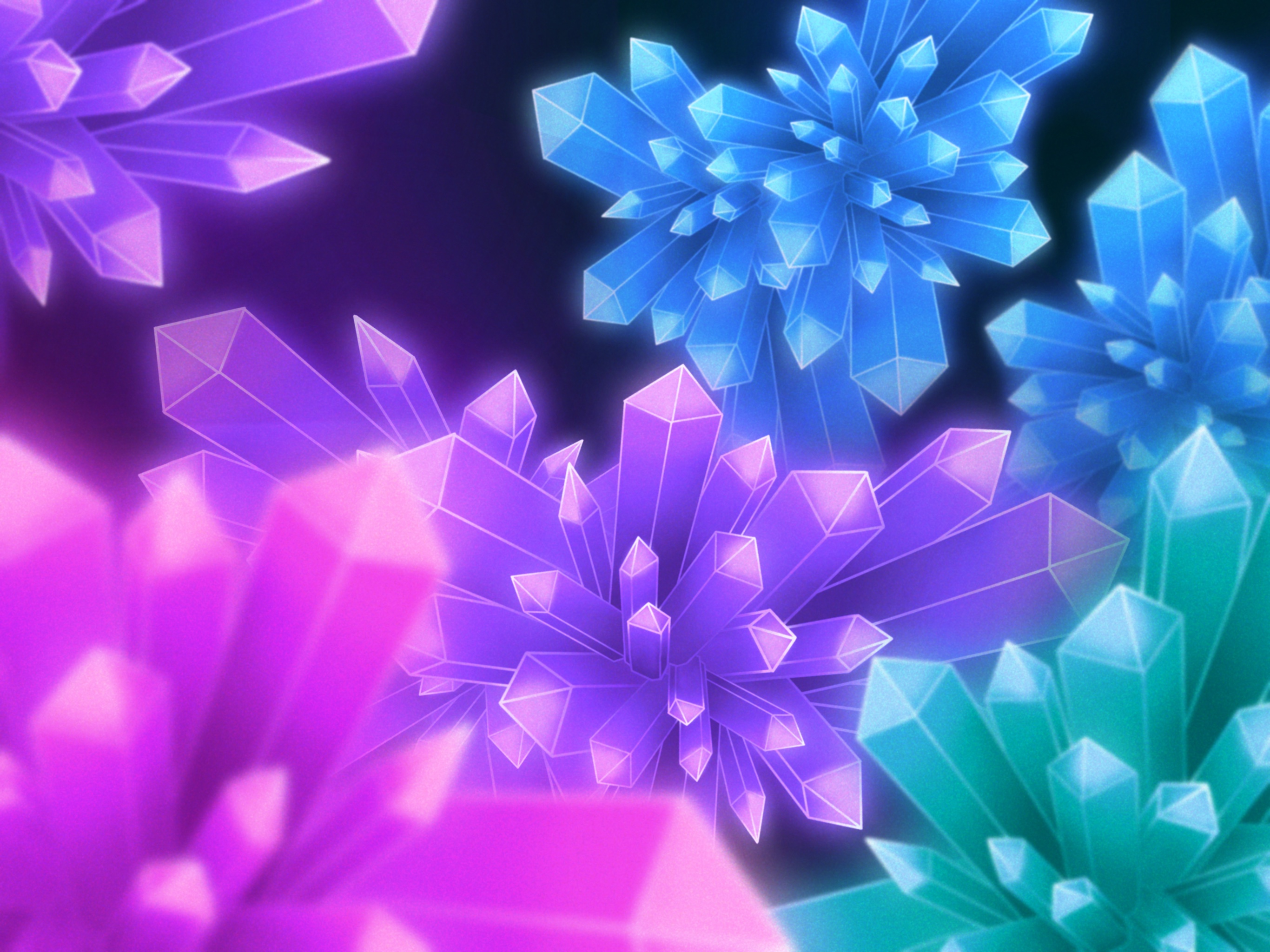 Digital gezeichnete Kristalle in blau, lila, rosa und grün