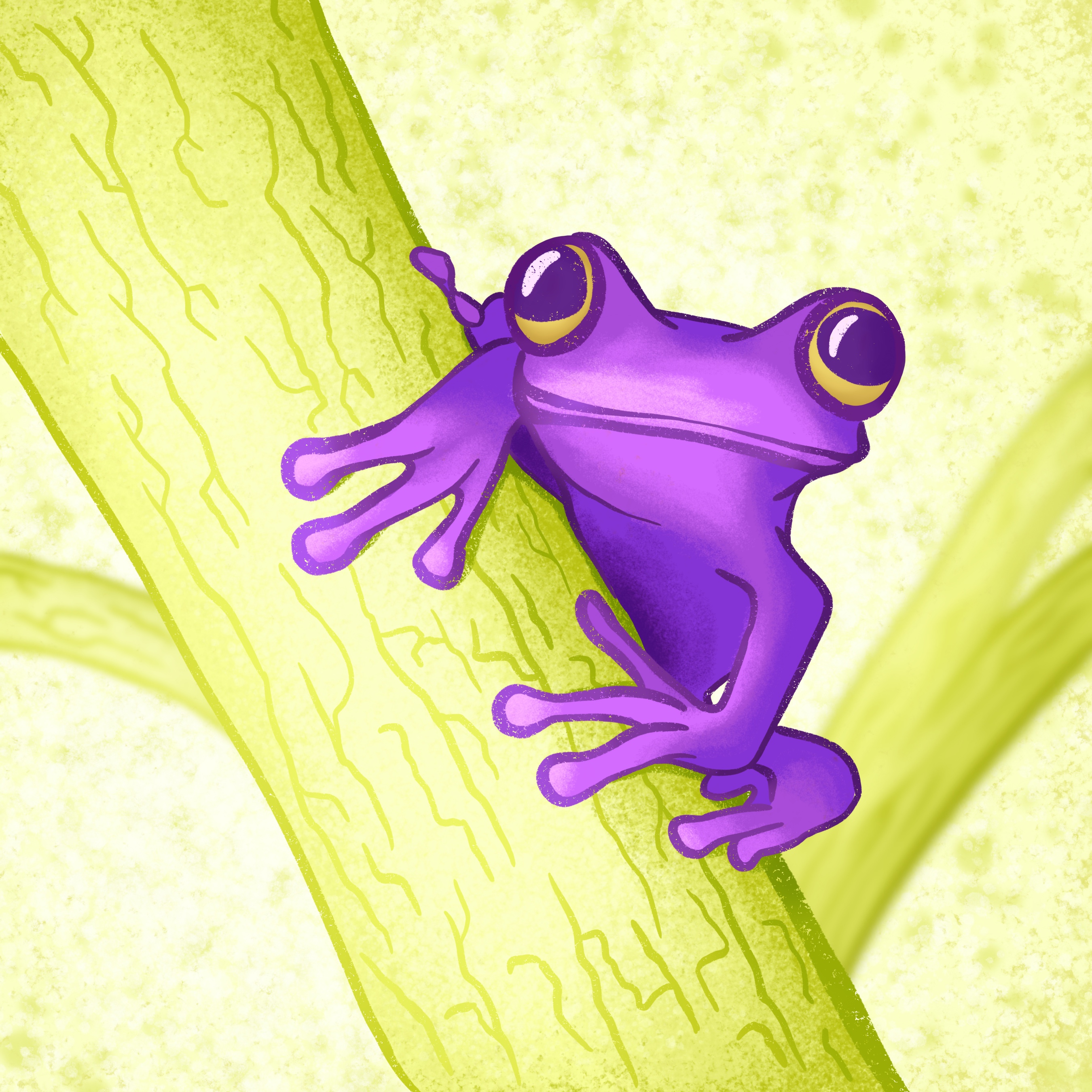 Digital gemalter, lila Frosch klebt auf grünem Ast