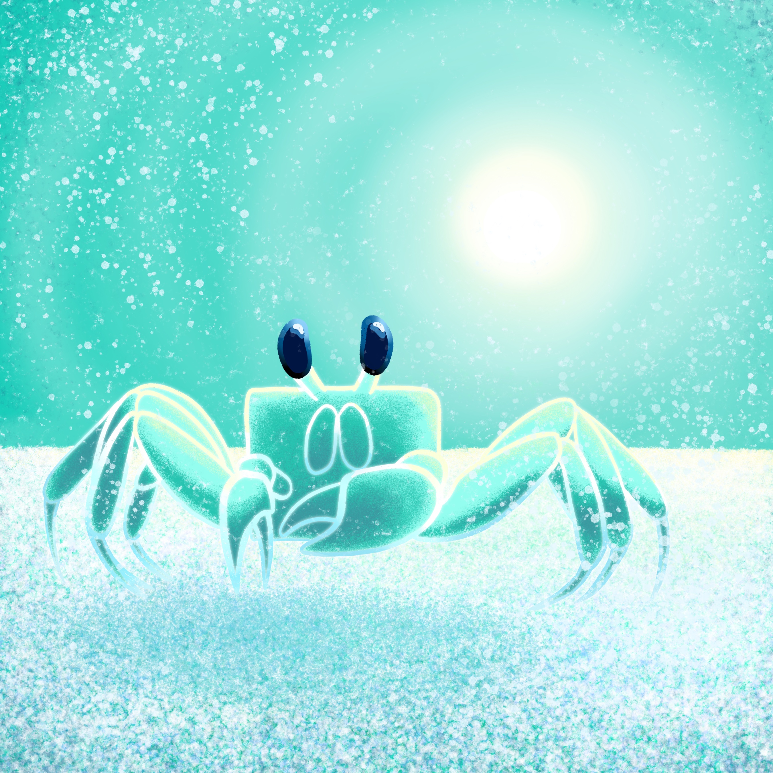Digital gezeichnete, hellblaue Krabbe auf einer Schneefläche. Im Hintergrund hellblauer Himmel mit weißer Sonne