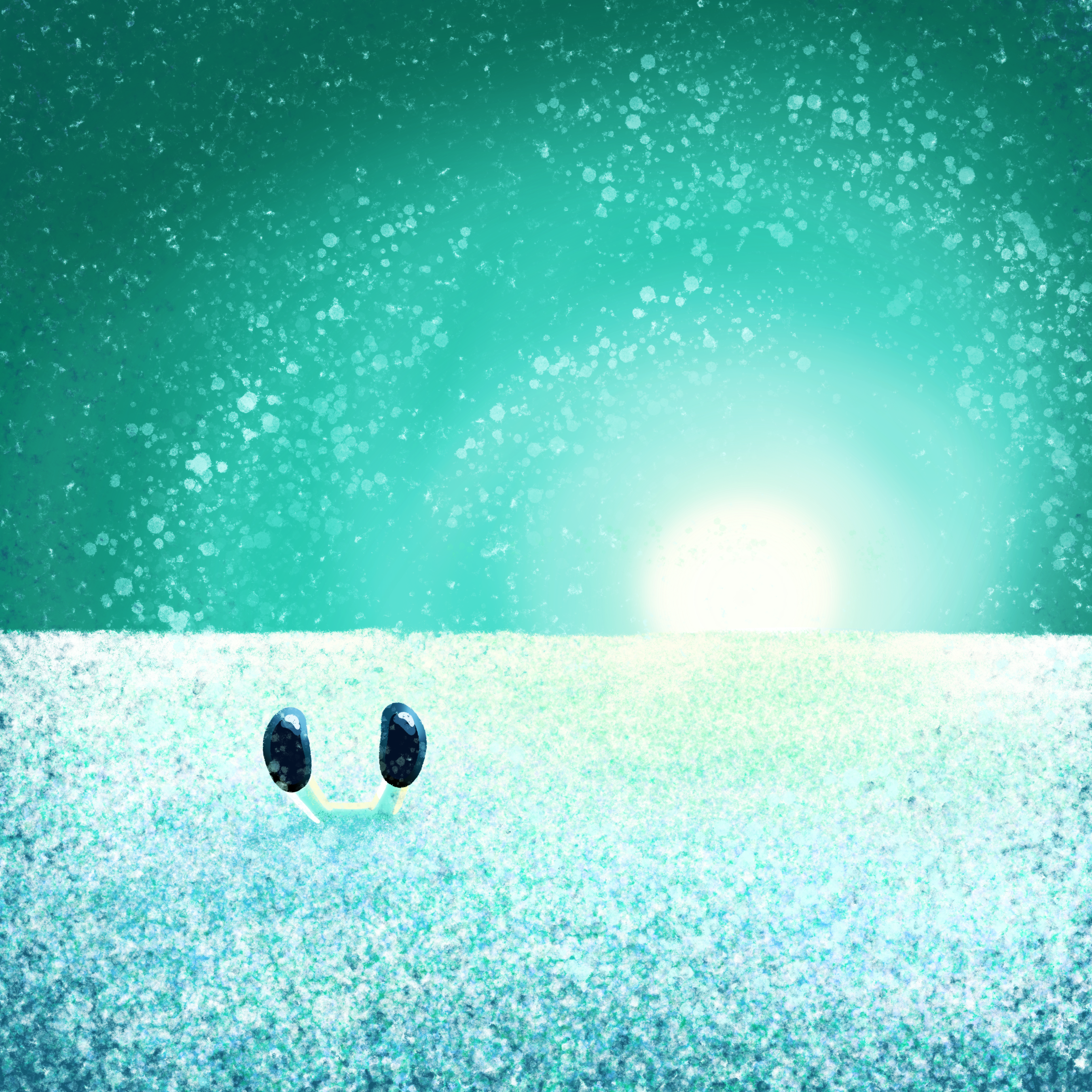 Digital gemalte Schneefläche aus der nur zwei Augen heraus schauen. Türkiser Himmel mit Sonnenuntergang im Hintergrund