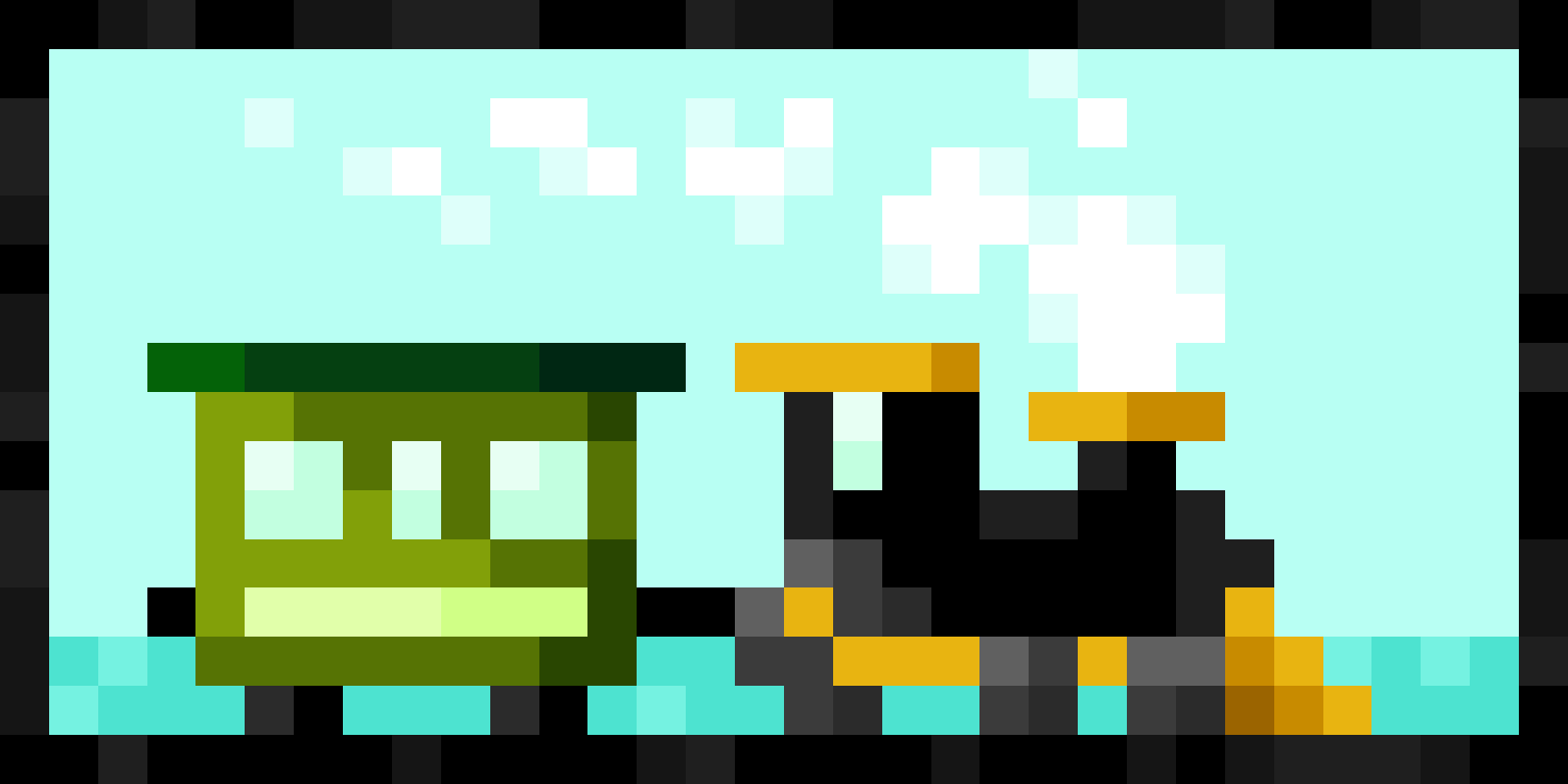 Pixelbild, Eisenbahn mit Hänger vor einem blauen Himmel