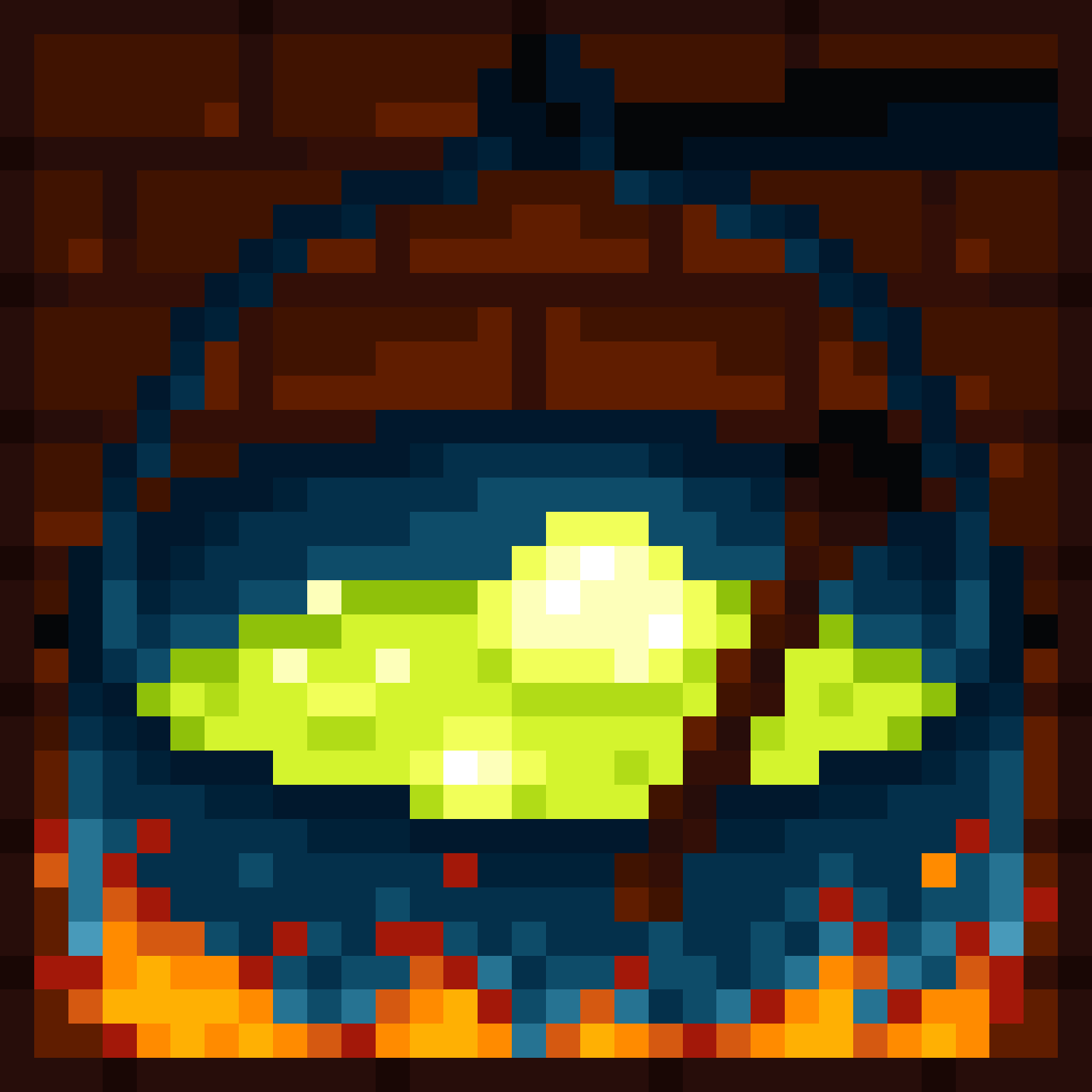 Pixelbild Kessel mit blubbernder grüner Flüssigkeit über einem Feuer